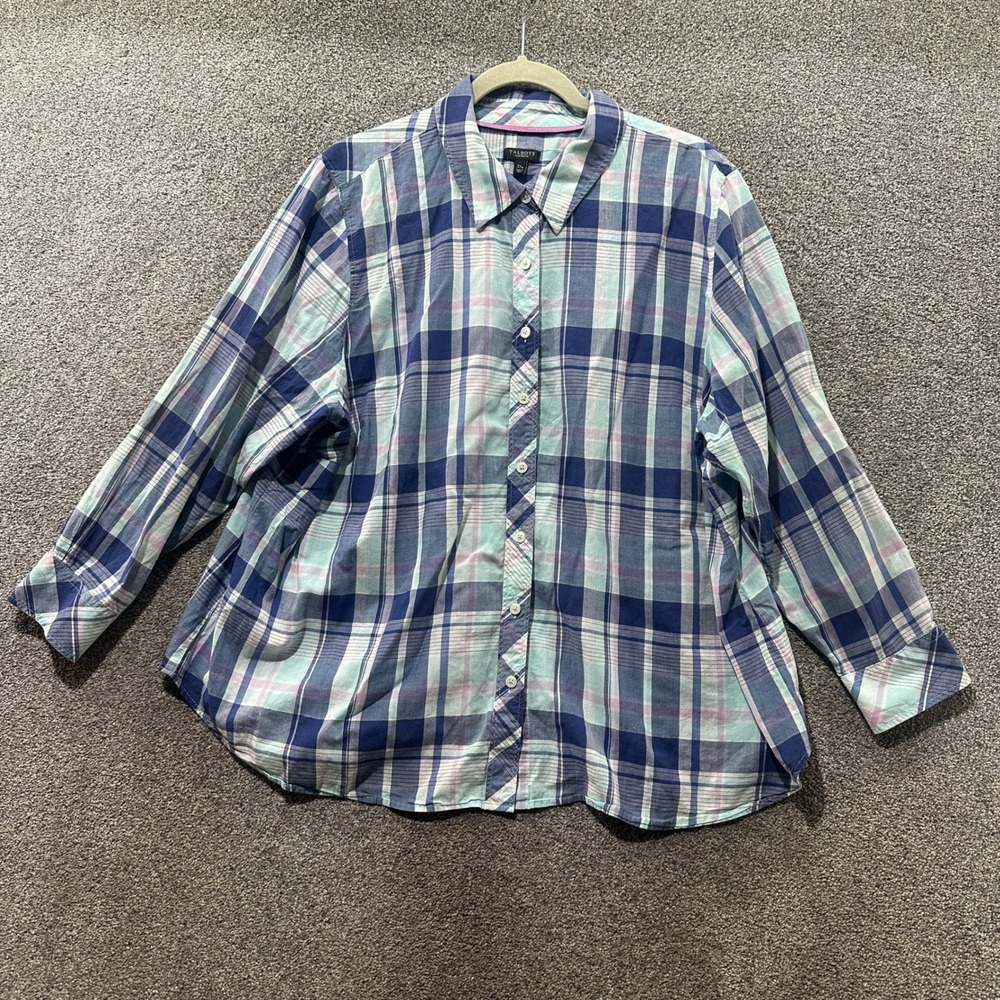 Talbots Button Up Blouse Top Women 3X Petite Plaid Long Sleeve Cotton Blue Green